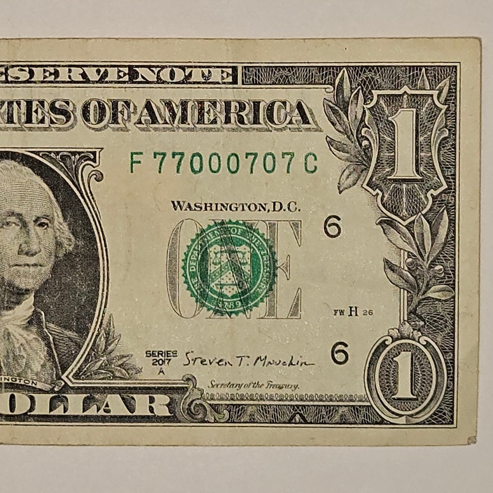 One Dollar Bill Binary 2017A Fancy Serial Number F77000707C Atlanta (B340)
